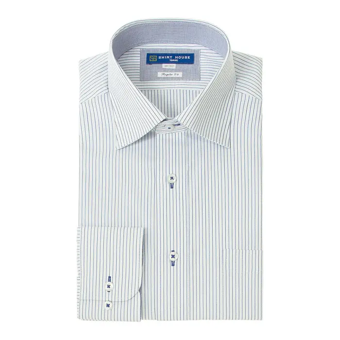 ワイシャツ 形態安定 長袖 ホワイト ブルーストライプ  ワイドカラー 標準 シャツハウス メンズ ドレスシャツ