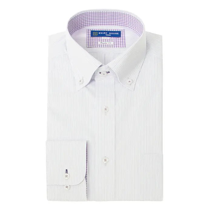 ワイシャツ 形態安定 長袖 ホワイト パープルストライプ ボタンダウン 標準 シャツハウス メンズ ドレスシャツ