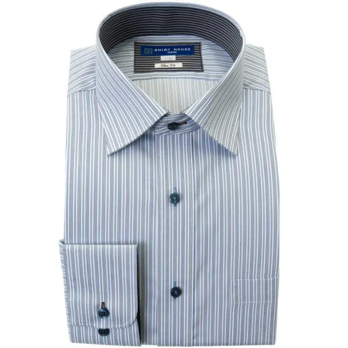 ワイシャツ 形態安定 長袖 ブルー ストライプ ワイドカラー スリム 細身 オフィスカジュアル シャツハウス メンズ ドレスシャツ 