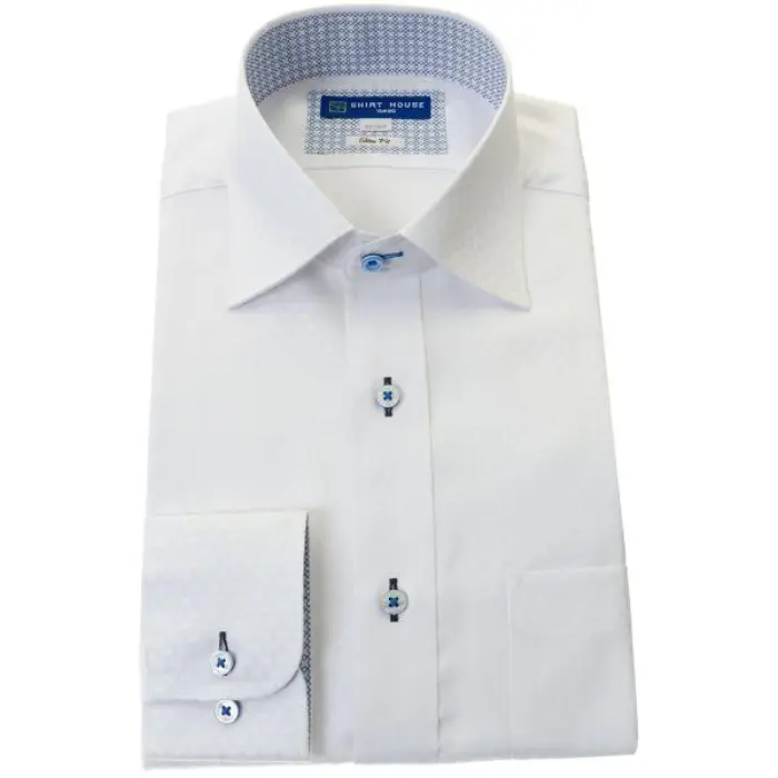 ワイシャツ 形態安定 長袖 ホワイト 白 ワイドカラー スリム 細身 オフィスカジュアル シャツハウス メンズ ドレスシャツ 