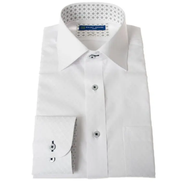 ワイシャツ 形態安定 長袖 白ドビー チェック 市松模様 ホワイト ワイドカラー スリム 細身 オフィスカジュアル シャツハウス メンズ ドレスシャツ ゼロプラ