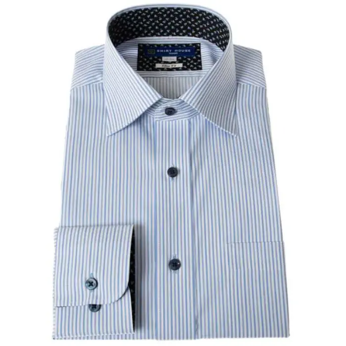 ワイシャツ 形態安定 長袖 ブルー 青 ストライプ ワイドカラー スリム 細身 オフィスカジュアル シャツハウス メンズ ドレスシャツ ゼロプラ