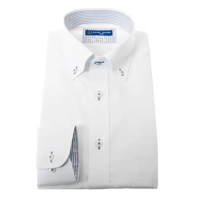 ワイシャツ 形態安定 長袖 白ドビーチェック ホワイト ボタンダウン スリム 細身 オフィスカジュアル シャツハウス メンズ ドレスシャツ ゼロプラ
