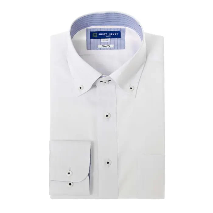 ワイシャツ 形態安定 長袖 白 ホワイト  ドビー ボタンダウン スリム 細身  シャツハウス メンズ ドレスシャツ
