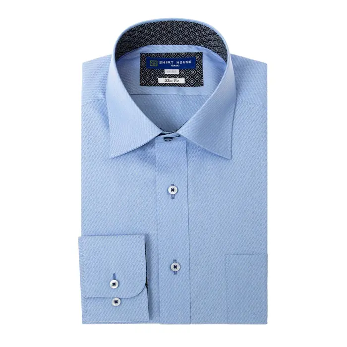 ワイシャツ 形態安定 長袖 ブルー 青 ワイドカラー スリム 細身 シャツハウス メンズ ドレスシャツ