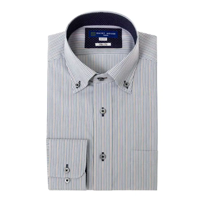 ワイシャツ 形態安定 長袖 ストライプ マルチカラー ボタンダウン スリム 細身  シャツハウス メンズ ドレスシャツ
