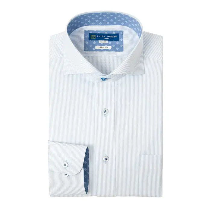 ワイシャツ 形態安定 長袖 青 ブルー カッタウェイ ストライプ スリム 細身 シャツハウス メンズ ドレスシャツ