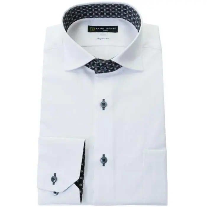 ワイシャツ 形態安定 長袖 モノトーン ホワイト 白 ワイドカラー 標準 レギュラー フィット シャツハウス メンズ ドレスシャツ