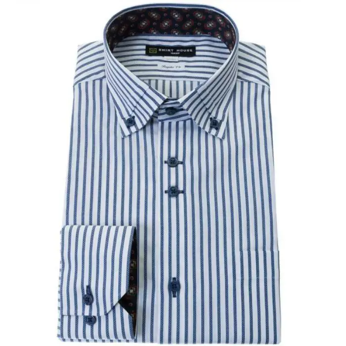 ワイシャツ 形態安定 長袖 モノトーン ネイビー ボタンダウン マイターカラー 標準 レギュラー フィット シャツハウス メンズ ドレスシャツ