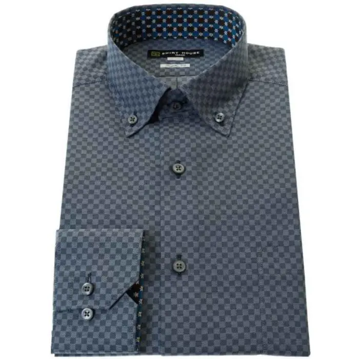 ワイシャツ 形態安定 長袖 チェック 市松模様 格子 ネイビー ブルー ボタンダウン 標準 レギュラー フィット シャツハウス メンズ ドレスシャツ