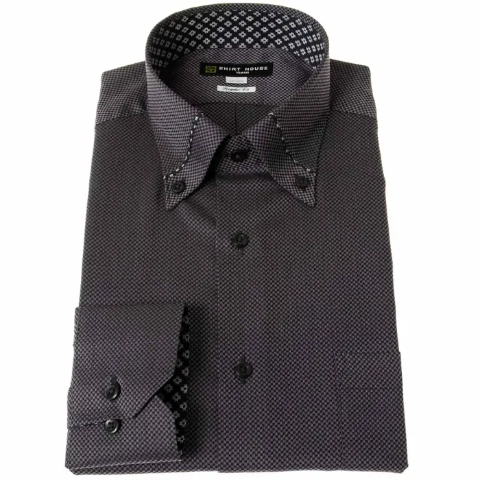 ワイシャツ 形態安定 長袖 ブラック 黒 ボタンダウン 標準 レギュラー フィット シャツハウス メンズ ドレスシャツ