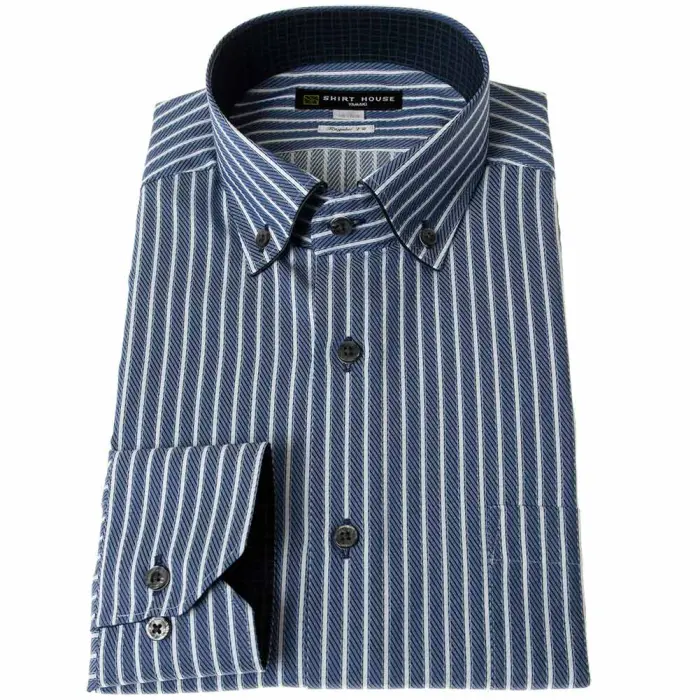 ワイシャツ 形態安定 長袖 ブルー 青 ストライプ ボタンダウン 標準 レギュラー フィット シャツハウス メンズ ドレスシャツ