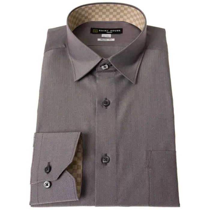 ワイシャツ 形態安定 長袖 チャコール ヘリンボーン ショートレギュラーカラー 標準 レギュラー フィット シャツハウス メンズ ドレスシャツ