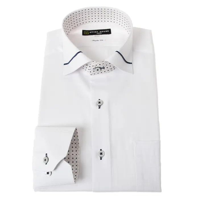 ワイシャツ 形態安定 長袖 白ドビーチェック ホワイト ワイドカラー 標準 レギュラー フィット シャツハウス メンズ ドレスシャツ