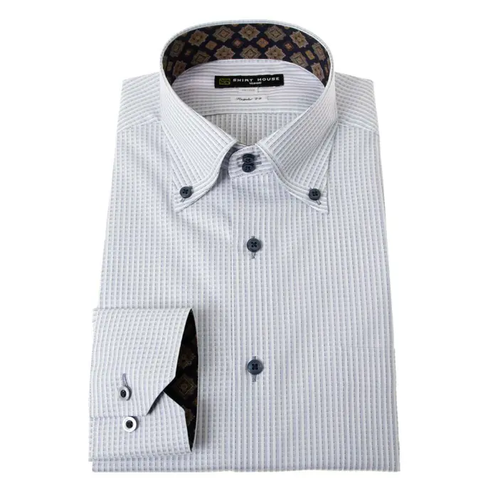 ワイシャツ 形態安定 長袖 グレー ストライプ ボタンダウン 標準 レギュラー フィット シャツハウス メンズ ドレスシャツ