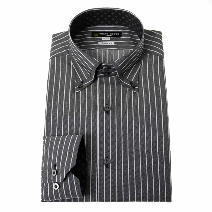 ワイシャツ 形態安定 長袖 黒 ダークグレー ストライプ ボタンダウン 標準 レギュラー フィット シャツハウス メンズ ドレスシャツ