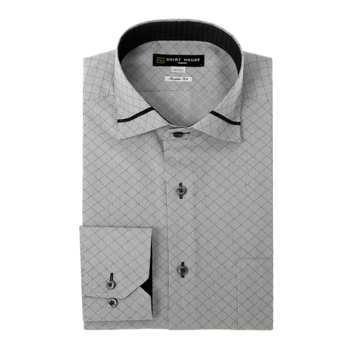 ワイシャツ 形態安定 長袖 グレー ドビー ワイド 標準 レギュラー フィット シャツハウス メンズ ドレスシャツ