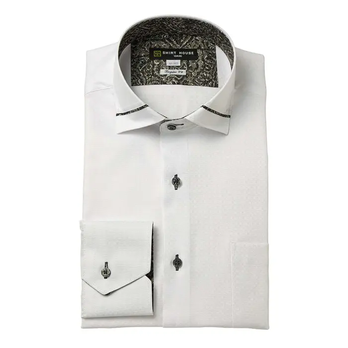 ワイシャツ 形態安定 長袖 白 ホワイト ドビー マイター衿 ワイド  標準 レギュラーフィット シャツハウス メンズ ドレスシャツ