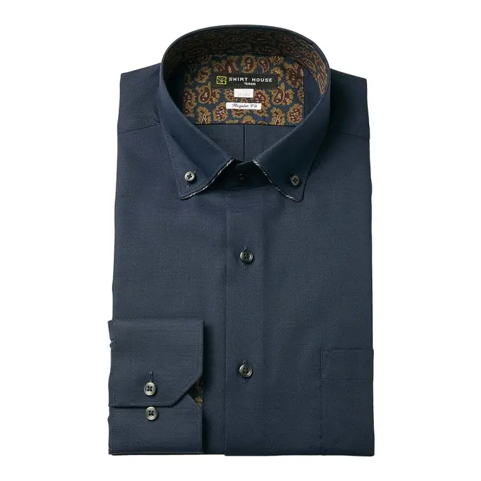 ワイシャツ 形態安定 長袖 紺 ネイビー パイピング ボタンダウン 標準 レギュラーフィット シャツハウス メンズ ドレスシャツ
