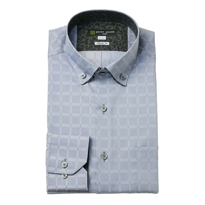 ワイシャツ 形態安定 長袖 グレー パイピング 標準 レギュラーフィット ボタンダウン シャツハウス メンズ ドレスシャツ