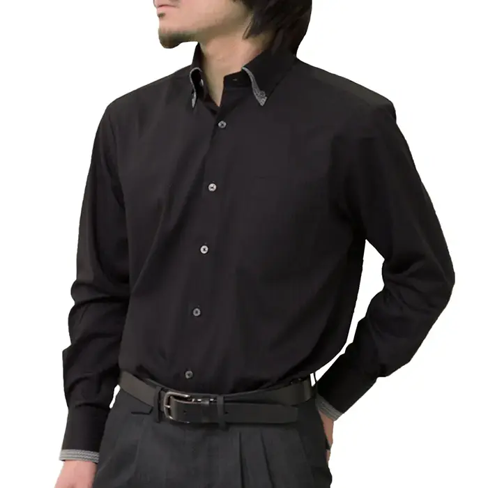 ワイシャツ 形態安定 長袖 黒 ブラック 2枚衿風 標準 レギュラーフィット シャツハウス メンズ ドレスシャツ