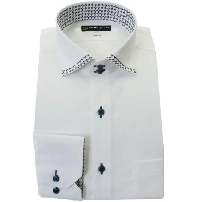ワイシャツ 形態安定 長袖 白 ドビー マイターカラー カッタウェイ スリム 細身 シャツハウス メンズ ドレスシャツ 