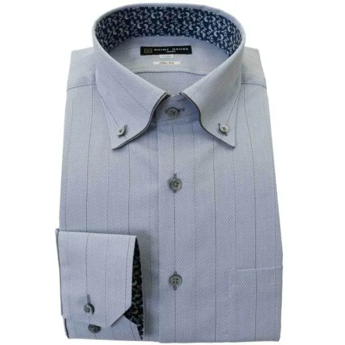 ワイシャツ 形態安定 長袖 ブルー ストライプ ボタンダウン スリム 細身 シャツハウス メンズ ドレスシャツ 