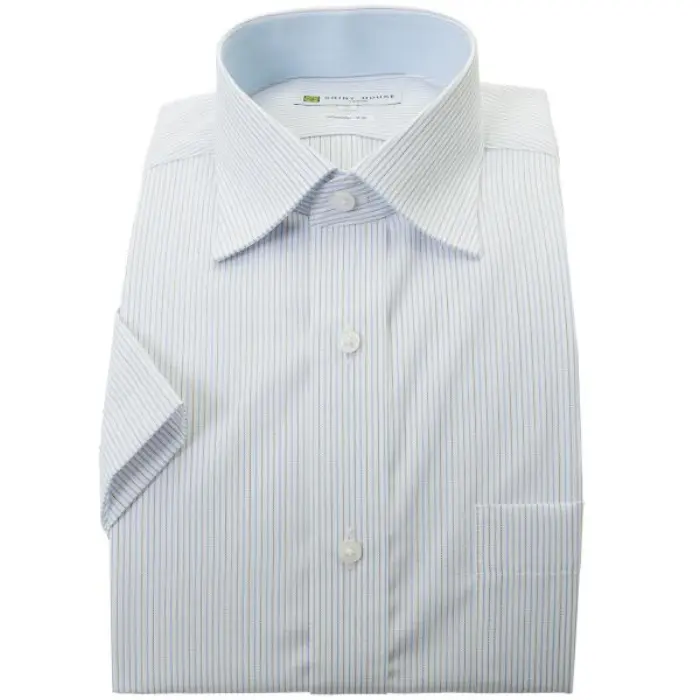 ワイシャツ 形態安定 半袖 ブルー ストライプ セミワイドカラー レギュラー フィット シャツハウス メンズ ドレスシャツ