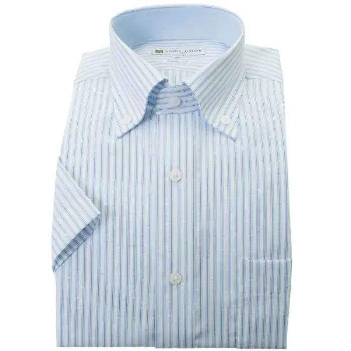 ワイシャツ 形態安定 半袖 ブルー ストライプ ボタンダウン レギュラー フィット シャツハウス メンズ ドレスシャツ
