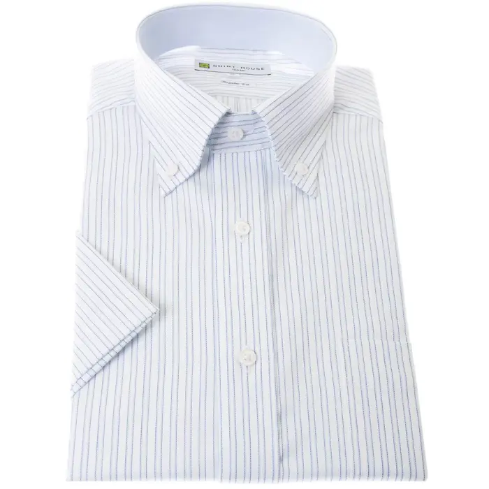 ワイシャツ 形態安定 半袖 夏 ブルーストライプ 青 ボタンダウン レギュラー フィット シャツハウス メンズ ドレスシャツ