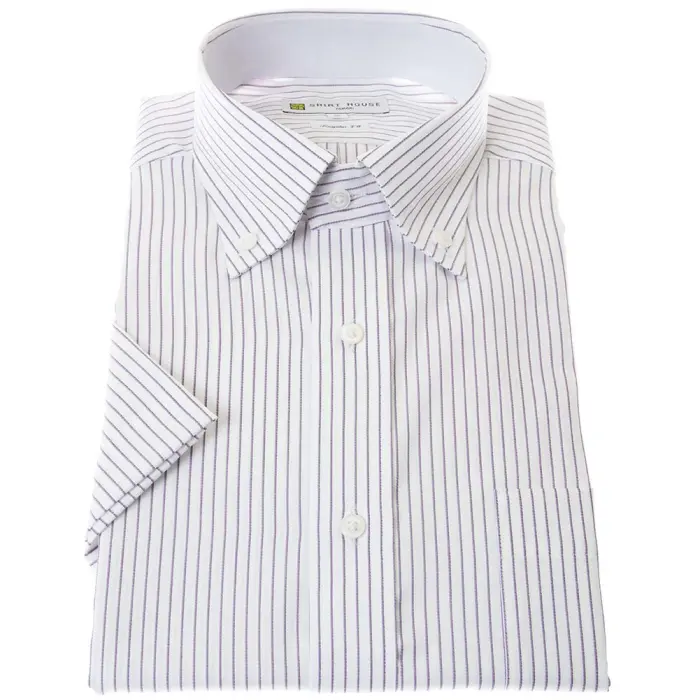 ワイシャツ 形態安定 半袖 夏 パープルストライプ 紫 ボタンダウン レギュラー フィット シャツハウス メンズ ドレスシャツ