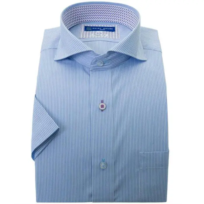 ワイシャツ 形態安定 半袖 父の日 ブルー ストライプ カッタウェイ レギュラー フィット シャツハウス メンズ