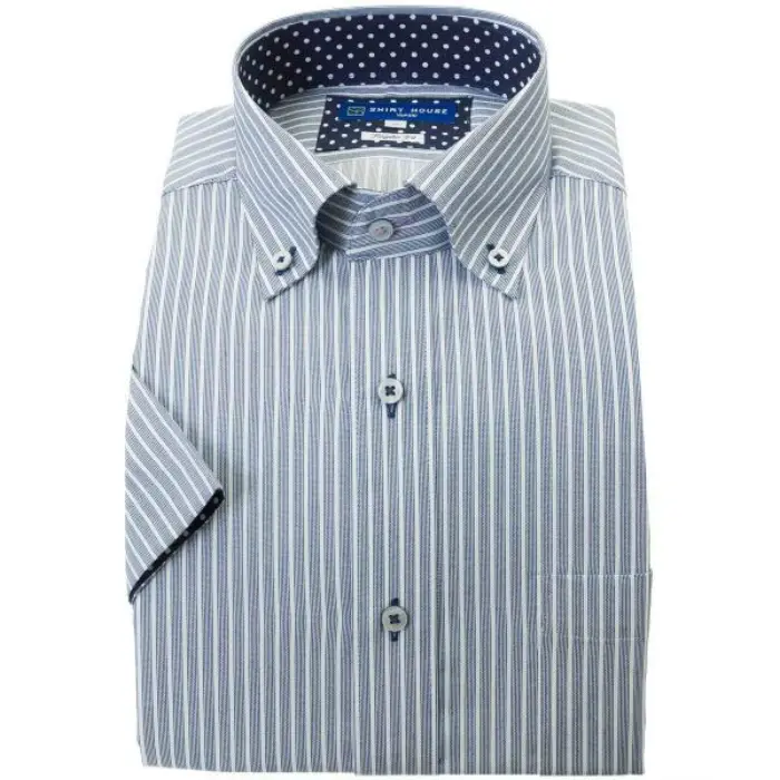 ワイシャツ 形態安定 半袖 父の日 ネイビー ストライプ ボタンダウン レギュラー フィット シャツハウス メンズ