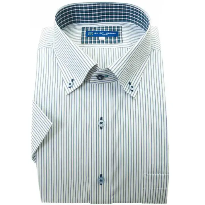 ワイシャツ 形態安定 キングサイズ 大寸 半袖 グリーン ブルー ストライプ ボタンダウン レギュラー フィット シャツハウス メンズ ドレスシャツ 