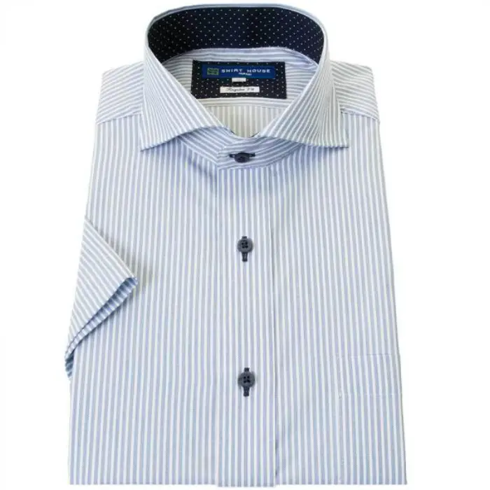 ワイシャツ 形態安定 半袖 ブルーストライプ 青 カッタウェイ レギュラー フィット 消臭 吸水速乾 シャツハウス メンズ