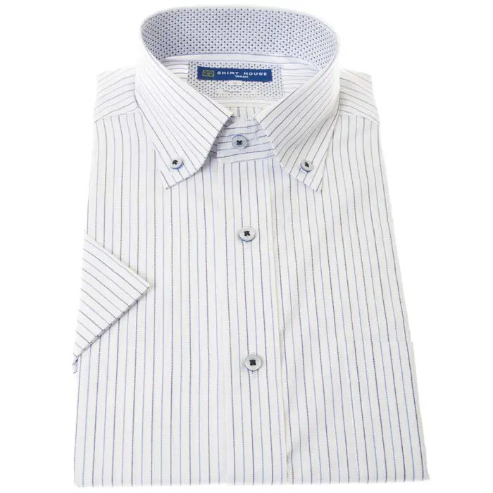 ワイシャツ 形態安定 半袖 ブルーストライプ 青 ボタンダウン レギュラー フィット 消臭 吸水速乾 シャツハウス メンズ