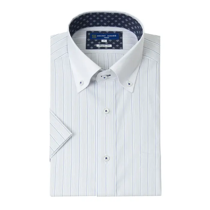 ワイシャツ 形態安定 半袖 グレー ストライプ ボタンダウン レギュラーフィット 消臭 吸水速乾 シャツハウス メンズ