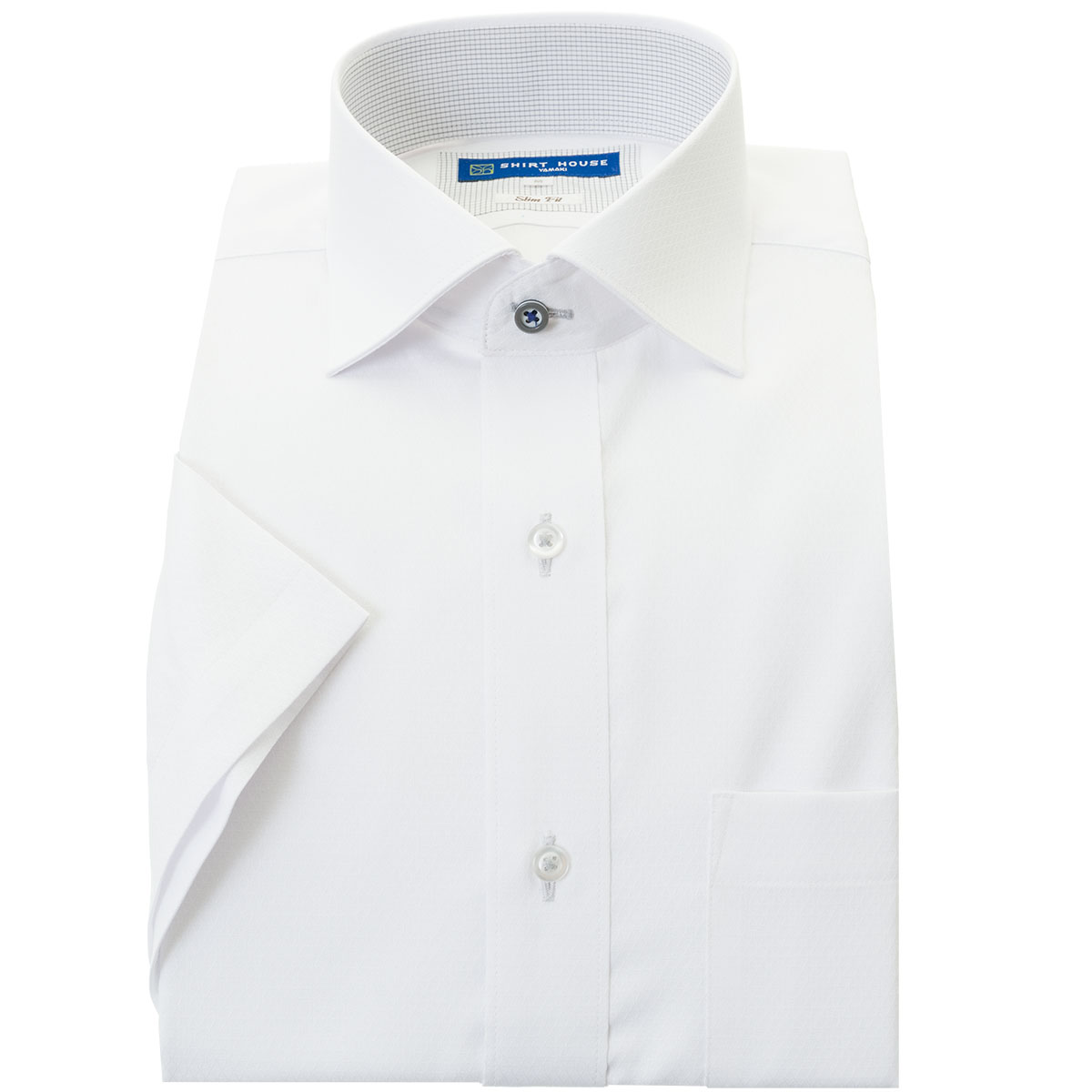 SHIRT HOUSE・ブルーレーベル 半袖スリムフィット ワイドカラー ホワイト ワイシャツ