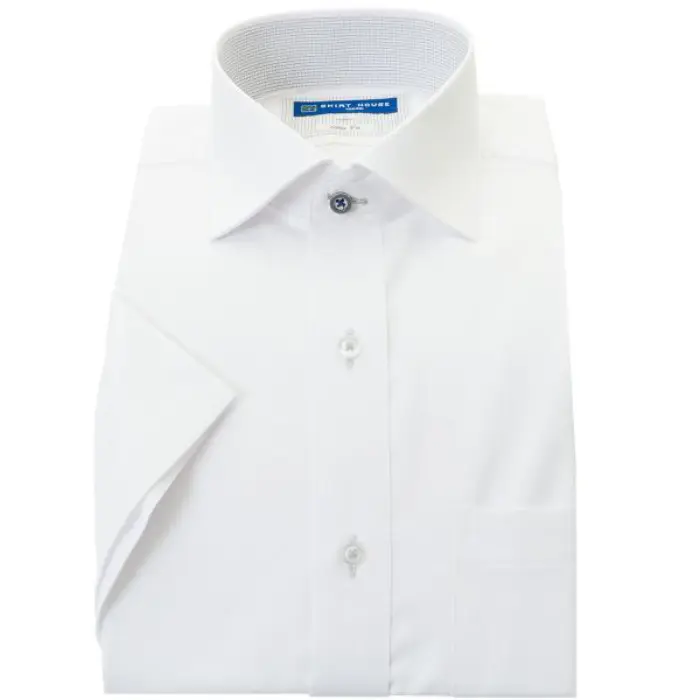 ワイシャツ 半袖 形態安定 父の日 白ドビー ワイドカラー カッタウェイ スリム 細身 シャツハウス メンズ ドレスシャツ