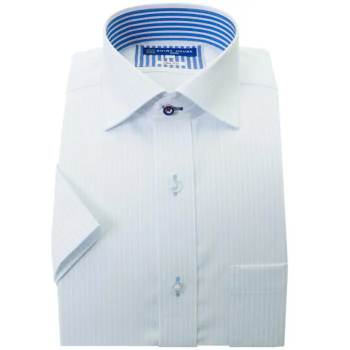 ワイシャツ 半袖 形態安定 父の日 ブルーストライプ ワイドカラー カッタウェイ スリム 細身 シャツハウス メンズ ドレスシャツ