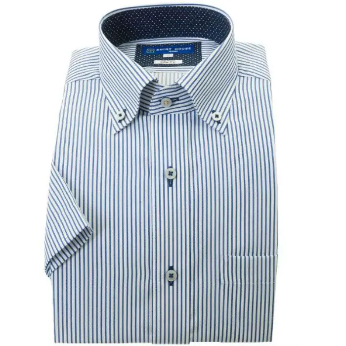 ワイシャツ 半袖 形態安定 父の日 ネイビーストライプ ボタンダウン スリム 細身 シャツハウス メンズ ドレスシャツ