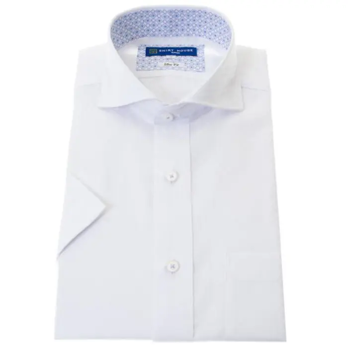 ワイシャツ 半袖 形態安定 白ドビーチェック ホワイト カッタウェイ スリム 細身 シャツハウス メンズ ドレスシャツ