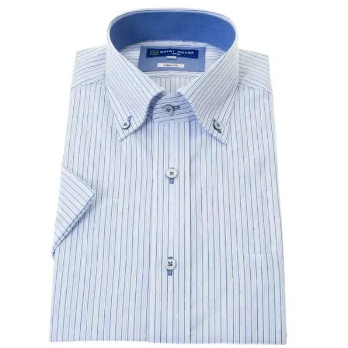 ワイシャツ 半袖 形態安定 ブルーストライプ 青 ボタンダウン スリム 細身 シャツハウス メンズ ドレスシャツ