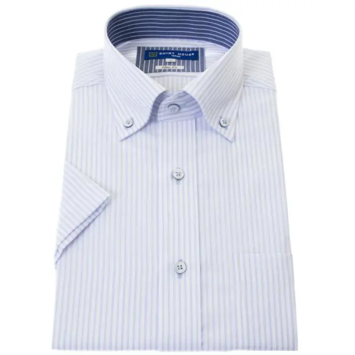 ワイシャツ 半袖 形態安定 ブルーとパープルのストライプ 青 紫 ボタンダウン スリム 細身 シャツハウス メンズ ドレスシャツ