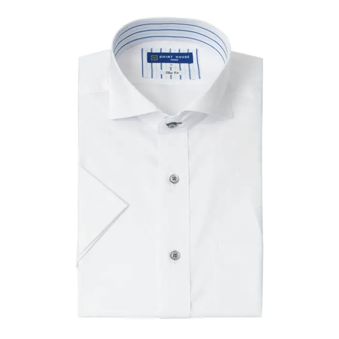 ワイシャツ 半袖 形態安定 ホワイト 白 ドビー カッタウェイ スリム 細身 シャツハウス メンズ ドレスシャツ