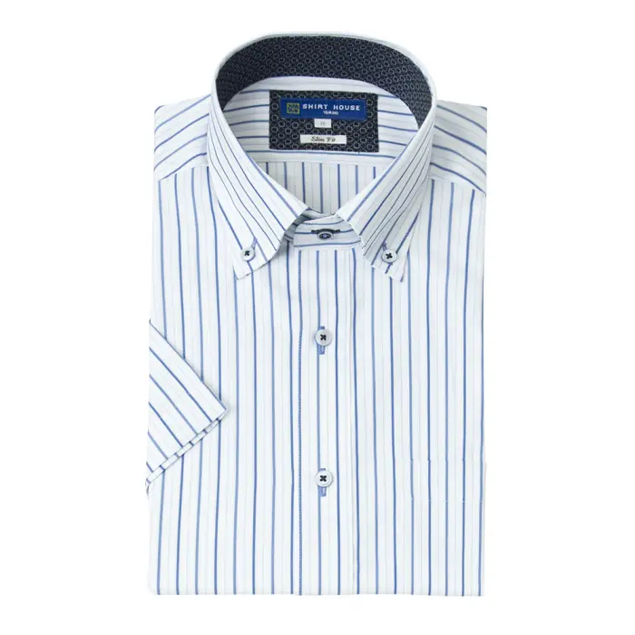 ワイシャツ 半袖 形態安定 ブルー ストライプ 青 ボタンダウン スリム 細身 シャツハウス メンズ ドレスシャツ