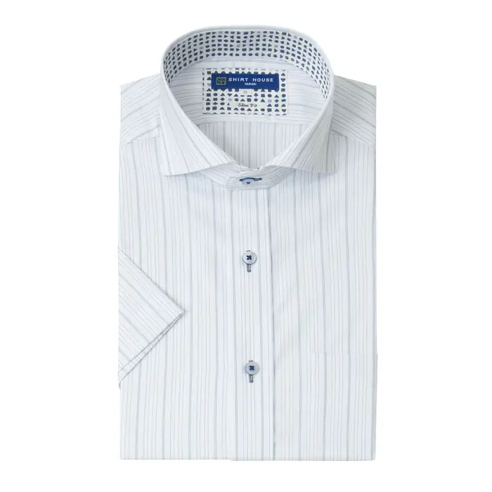ワイシャツ 半袖 形態安定 ブルー ストライプ 青 カッタウェイ スリム 細身 シャツハウス メンズ ドレスシャツ