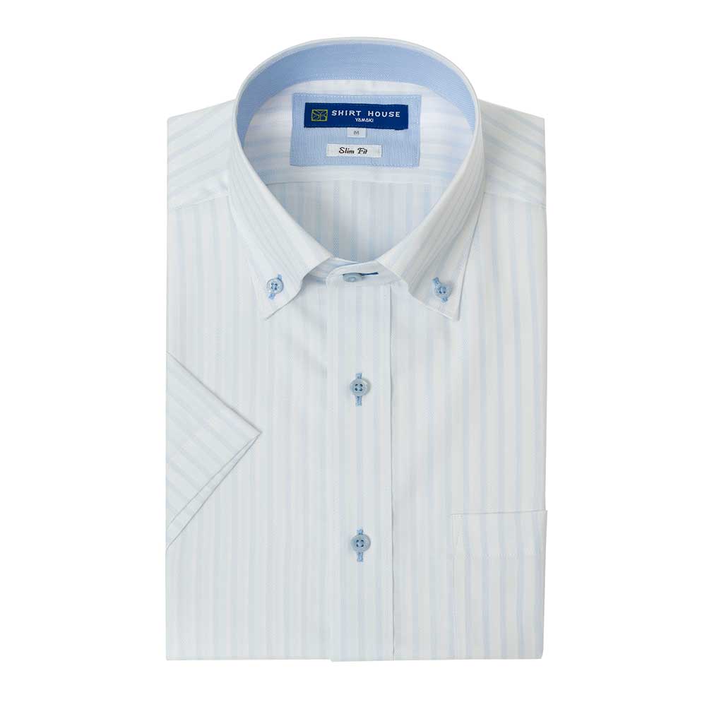 半袖ワイシャツ スリムフィット ストライプ ブルー ドビー エバーフィール 吸水速乾 消臭 フラボノ SHIRT HOUSE・ブルーレーベル