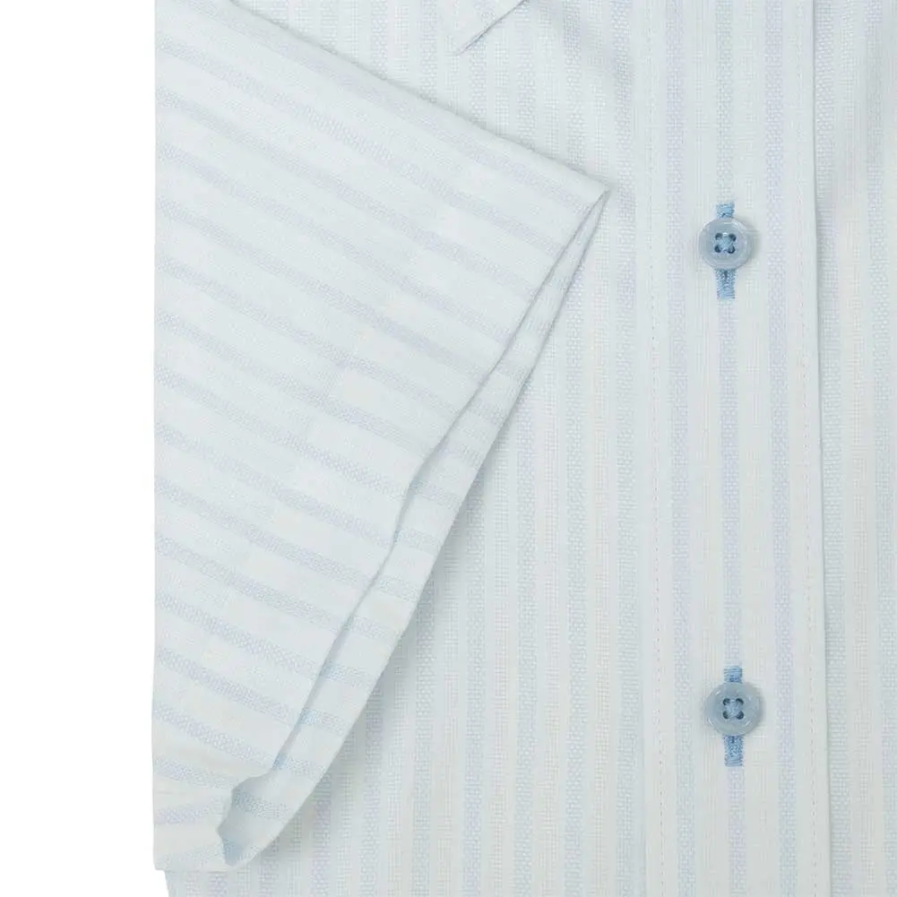 半袖ワイシャツ スリムフィット ストライプ ブルー ドビー エバーフィール 吸水速乾 消臭 フラボノ SHIRT HOUSE・ブルーレーベル