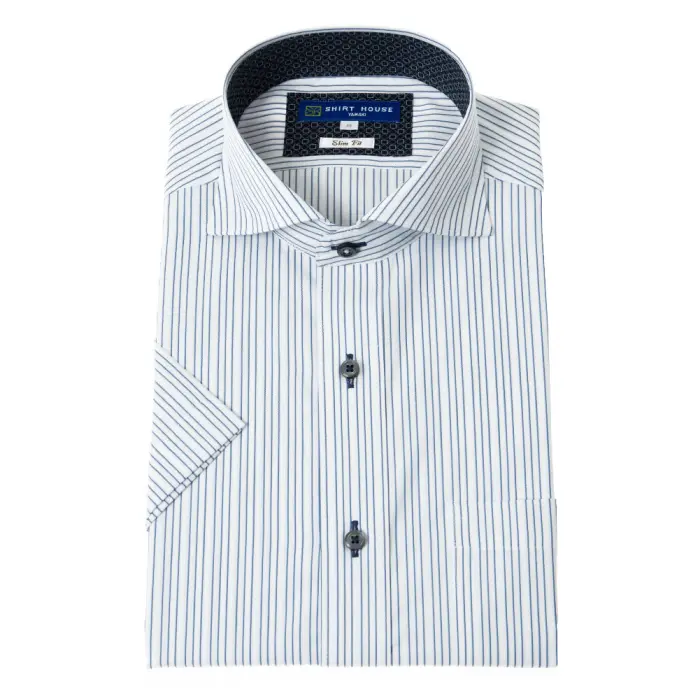 ワイシャツ 半袖 形態安定 ブルー ストライプ カッタウェイ スリム 細身 シャツハウス メンズ ドレスシャツ